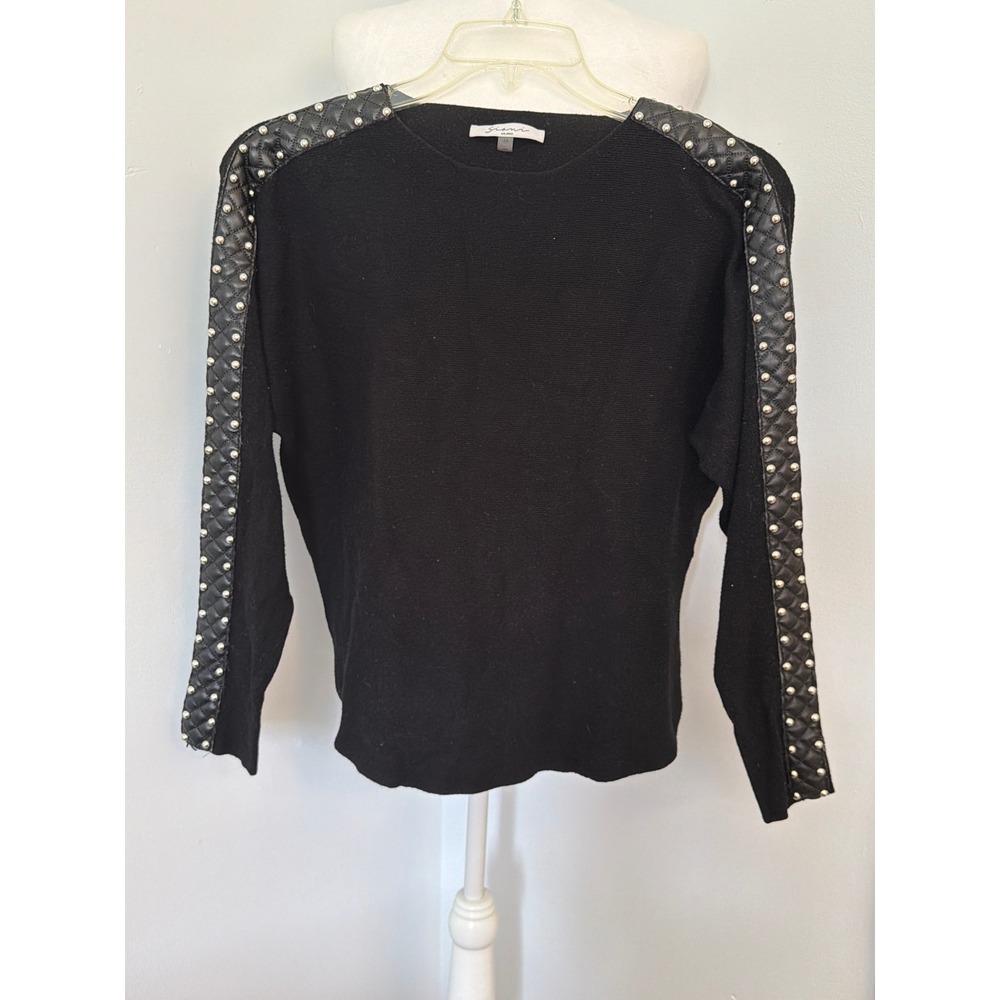 Siani Milano Black Studded Quilted Faux Leather Sleeve Knit Sweater Goth Biker M